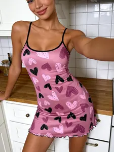 Women's Sleeveless Nightdress, Heart Pattern, All-Season Fitted Sleepwear, Lightweight Breathable Design, Ideal for Daily Home Use