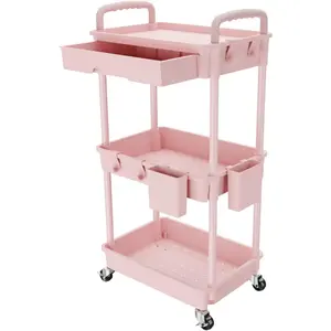 3 Tier Rolling Utility Cart with Drawer,Storage Cart,Rolling Cart for Kitchen,Bathroom,Living Room,Storage Organizer with Iron Wheels(Pink