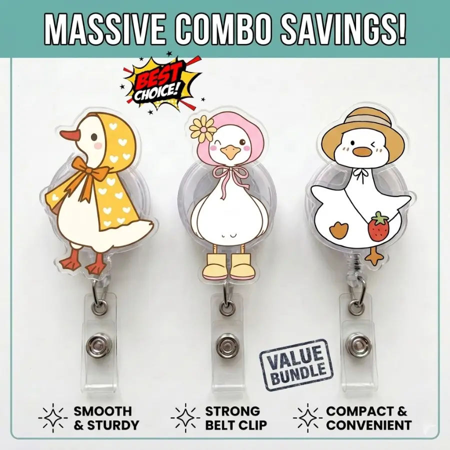 [Best Value Bundle] Kawaii Silly Goose Badge Reel - Cute Duck In Raincoat & Floral Hat ID Holder For Students & Teachers - Stylish Clip