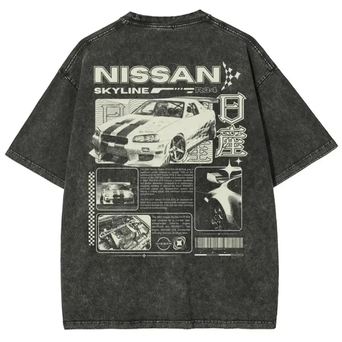 "Nissan Skyline R34" Retro Racing Graphic Tee, 100% Cotton Vintage Wash T-Shirt, Unisex Casual Streetwear Top, JDM Style Car Enthusiast Apparel