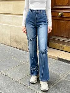 Muslim Women's Bow Tie Cargo Jeans, Wide Leg Pants, Elastic Fabric, Casual Fashion, All Seasons, Mid Waist, Perfect for Outing