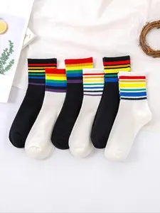 LGBTQ+ Men's 6 Pairs Rainbow Striped Print Crew Socks, Soft Comfy Breathable Mid-calf Socks for Casual Daily Use, Men's Socks & Hosiery
