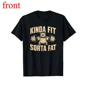 Funny Gym Bear Weightlifting Graphic T-Shirt - Kinda Fit Sorta Fat Slogan - Heavyweight 180gsm 100% Oversized Unisex Tee for Men & Women - Funny Bodybuilding Bear Design