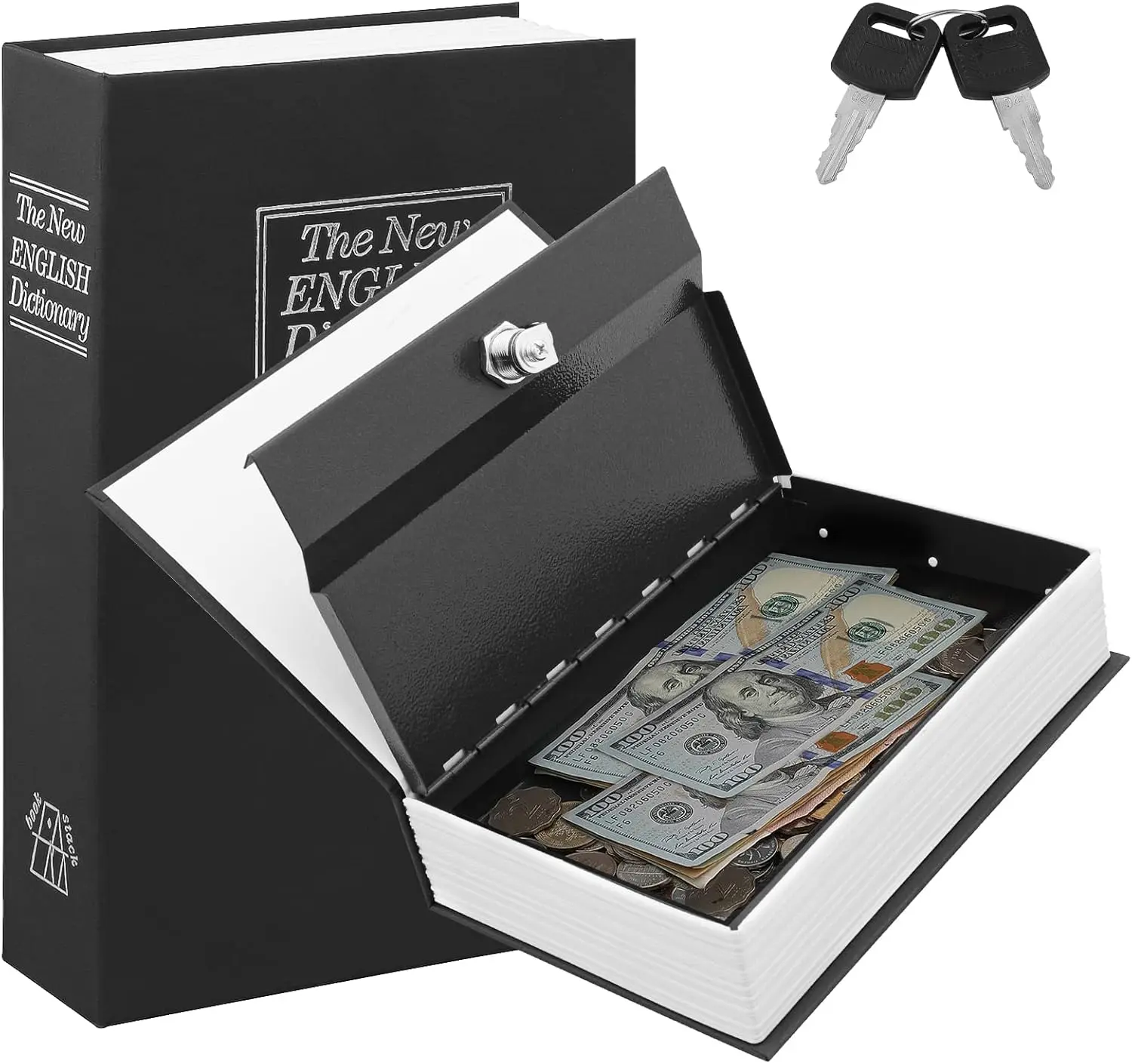 Diversion Book Safe with Key Lock, Secret Metal Lock Box, Collection, Money Hiding Box, 9.5" x 6.2" x 2.2", Black Large