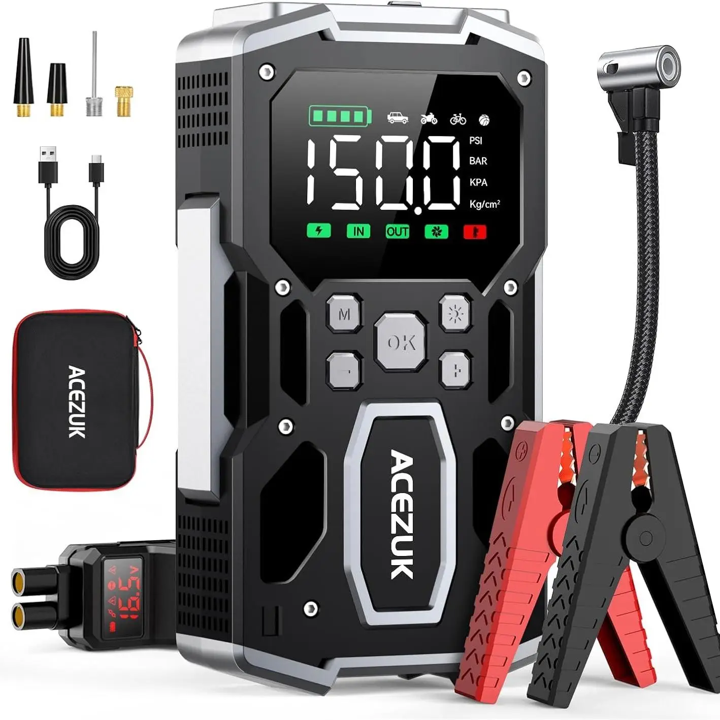 ACEZUK 6000A (All Petrol/10L Diesel) Car Starter with Air Pump, 150PSI Automotive Starter Battery Pack 12V Car Battery Charger, Car Battery Repair Too