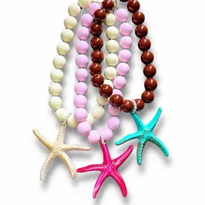Coastal Starfish Necklace, Chunky 12mm Bubblegum Beads, Beach Jewelry, Tropical Statement Necklace for Women-chicle necklace -chunky bead