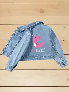 Girls' Denim Jacket, Cute Dinosaur Pattern, Long Sleeve Lapel Casual Coat, All Seasons, Perfect for Parties, back-to-school, graduation ceremonies & Daily Wear