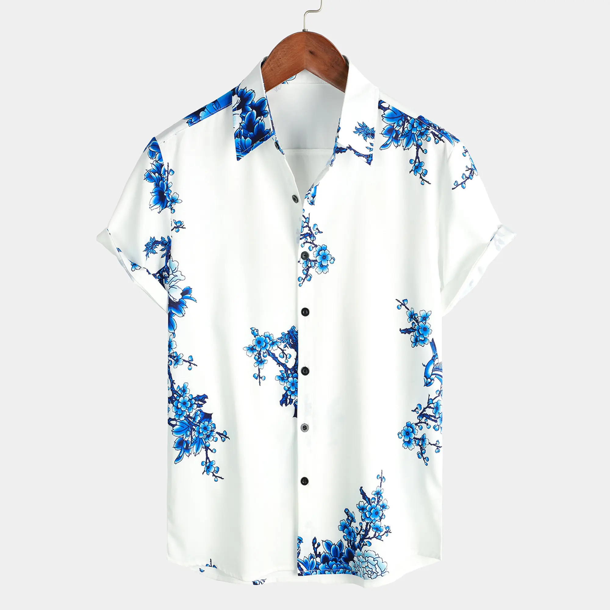 Men's Polyester Blend Hawaiian Shirt, Casual Short Sleeve Aloha Button Top with All Over Printed Oriental Floral Pattern, Aloha Button Shirt, Button Front Shirts