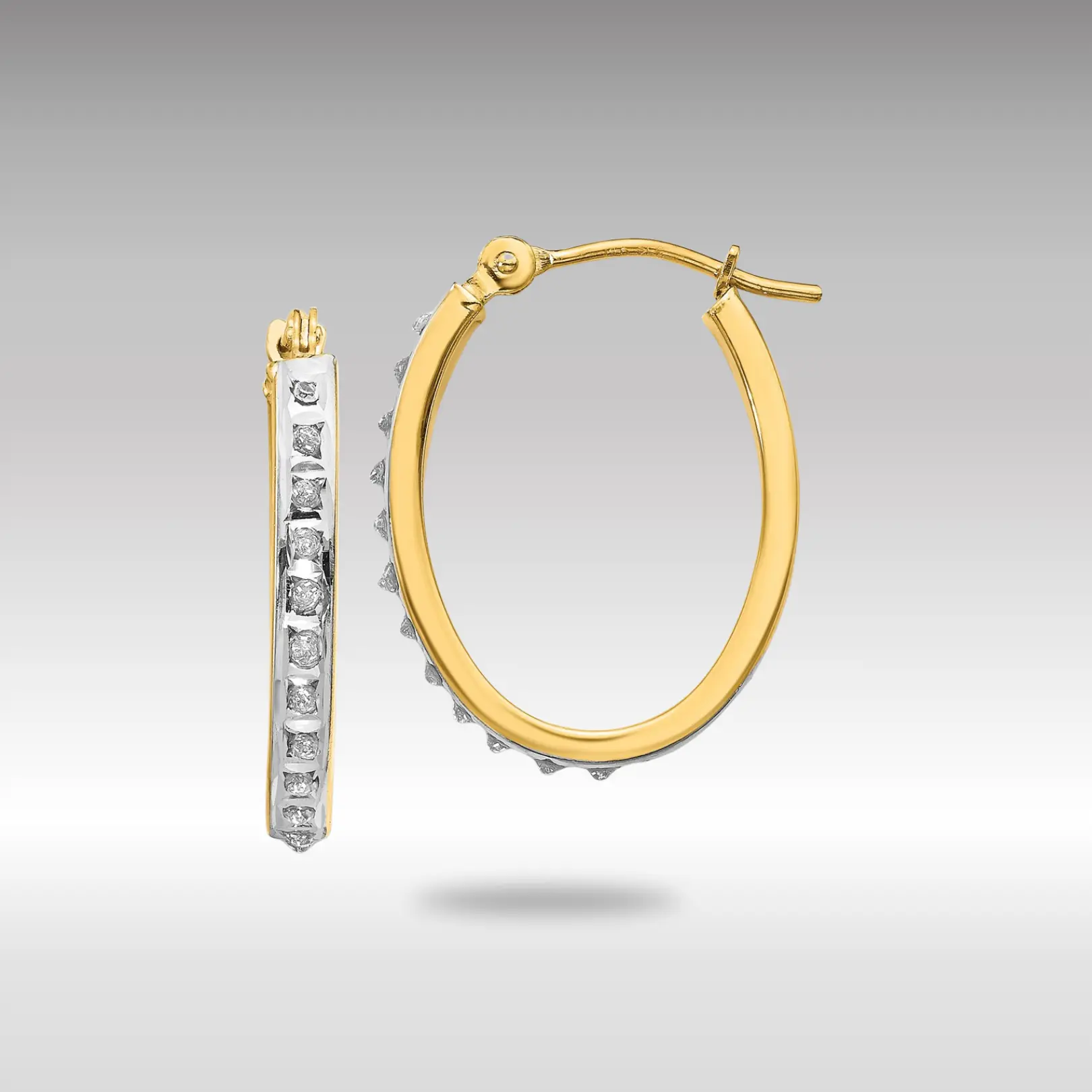 14K Gold Diamond Fascination Oval Hinged Hoop Earrings - Model DF234