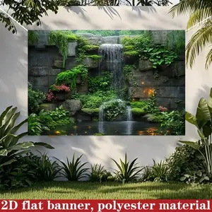 Waterfall and Greenery Polyester Banner, Stone Wall Design, Durable Fabric, Photography Props, Wedding Backdrop, Wall Hanging Backdrop, Party Decor, Indoor Outdoor Use, Party Decorations Banners