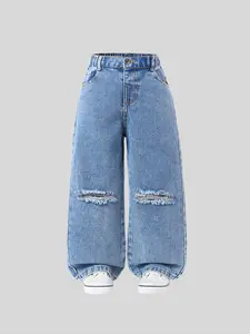 Girl's Plain Ripped Denim Jeans with Pockets, Casual Comfy Pocket Denim Trousers for Daily Wear, Kids Bottoms for All Seasons