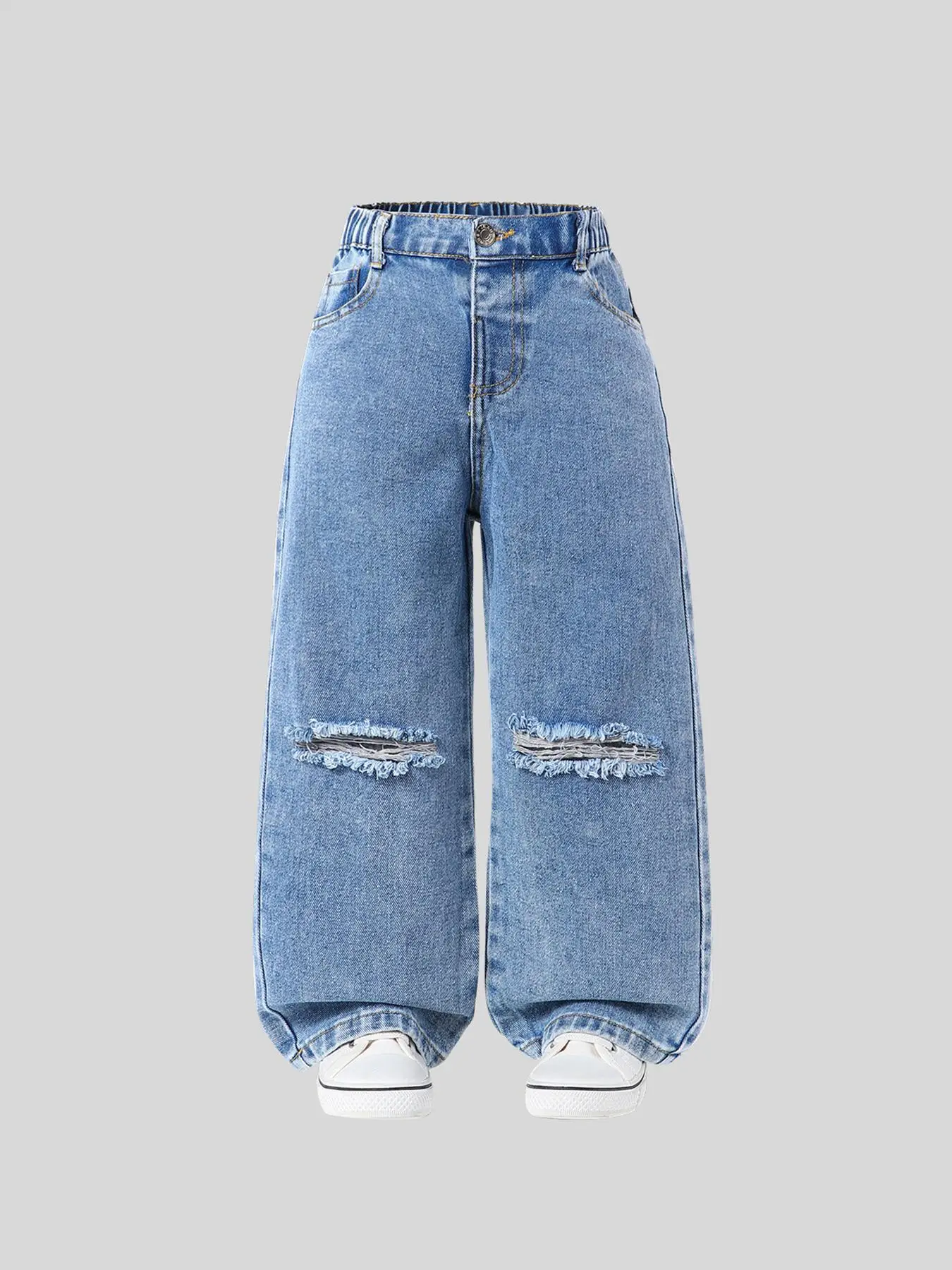 Girl's Plain Ripped Denim Jeans, Casual Comfy Pocket Denim Trousers for Daily Wear, Kids Bottoms for All Seasons