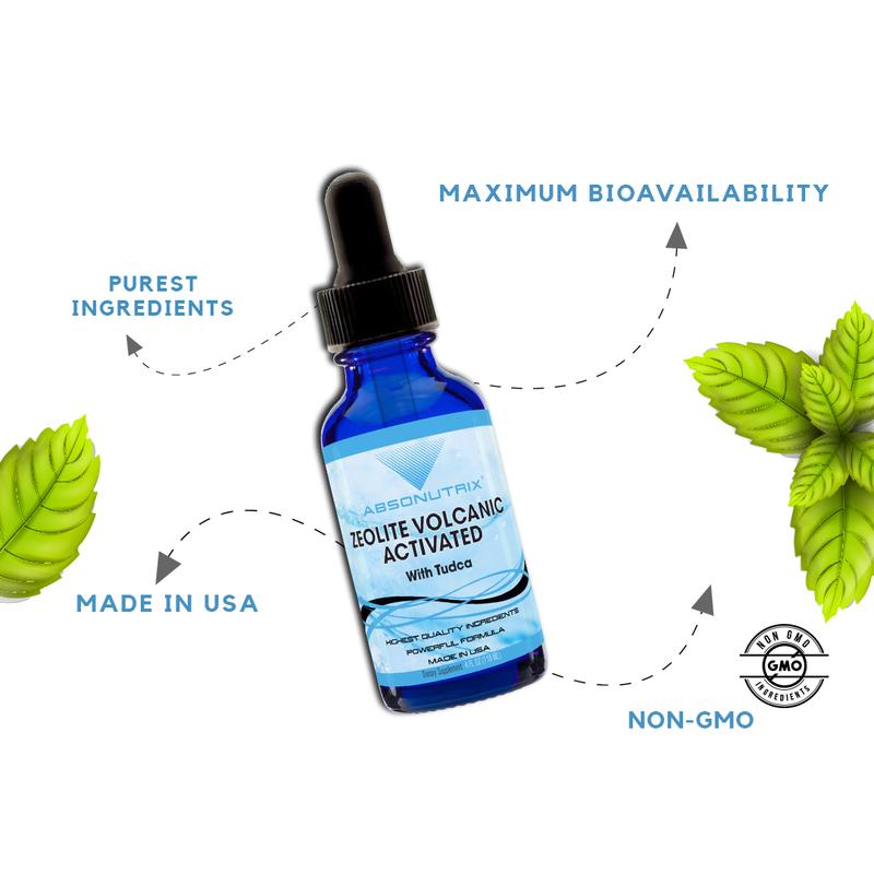Absonutrix Zeolite Volcanic Activated with Tudca 390 mg Liquid 4 Oz 302 Servings Made in USA Non-GMO GMP Certified Cruelty-Free Quick Absorption Supplement