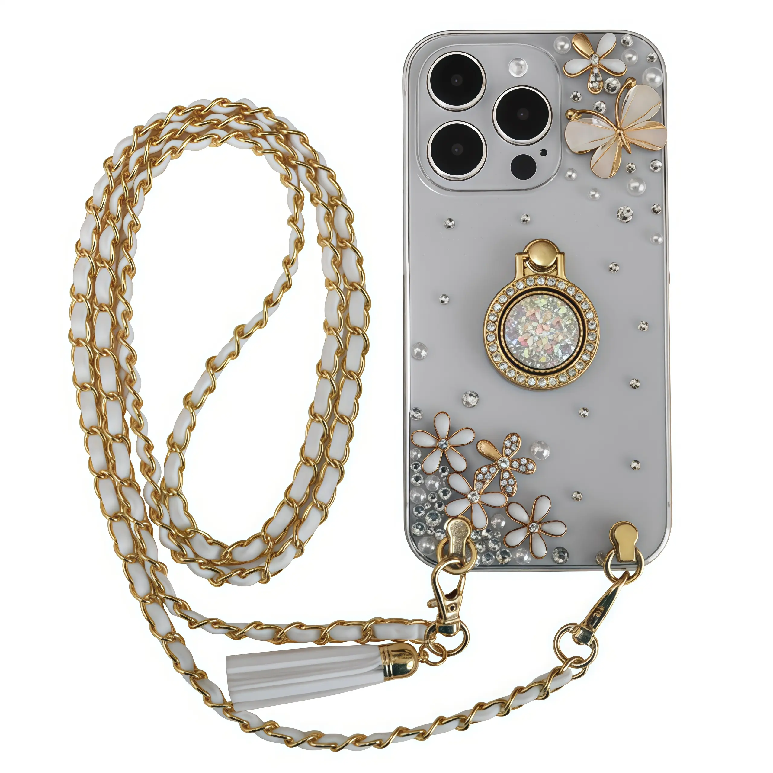Handmade Bedazzled iPhone Case  Glitter PopSocket + PVC Shockproof (Corner Cushion) | Crossbody Cover for iPhone 15/iPhone 16/iPhone 17 Series
