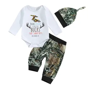 3Pcs Newborn Baby Boy Hunting Clothes Deer Mallard Duck Romper Bodysuit and Jungle Camo Pants with Hat Outfits