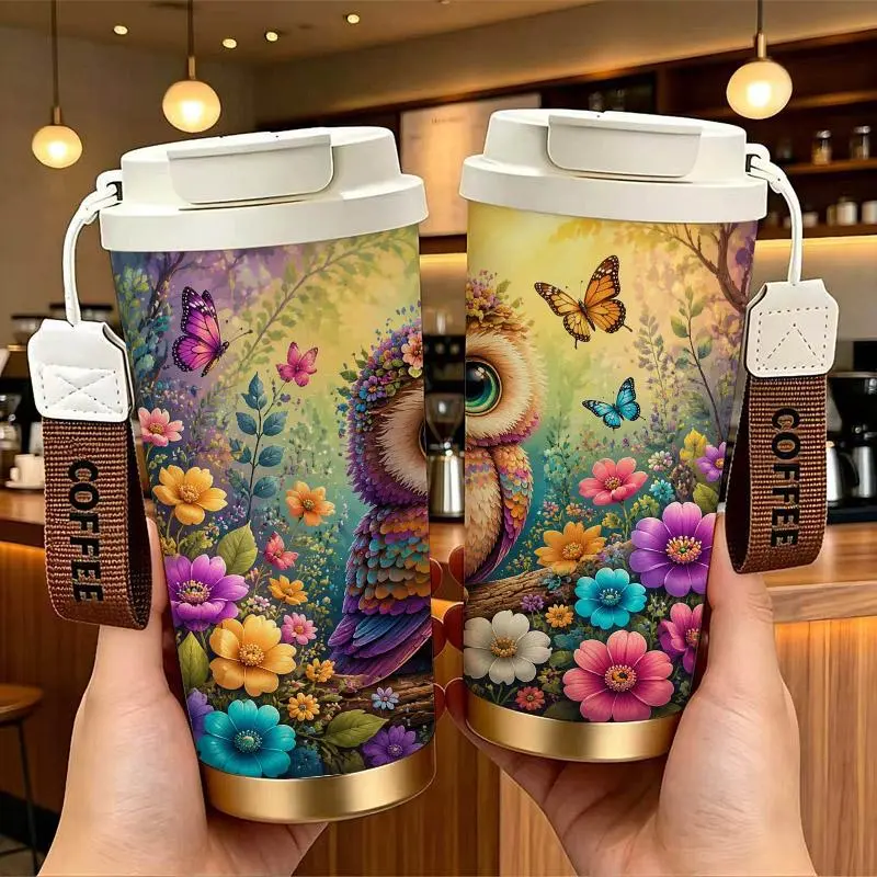 Colorful Owl and Flower Pattern Stainless Steel Insulated Coffee Flask - Double-Drink Design Portable Travel Tumbler with Coffee Wrist Strap, Reusable Insulation Mug for Iced Tea & Tea, Backpack-Compatible Birthday Holiday Gift, Flasks, Leak-Proof