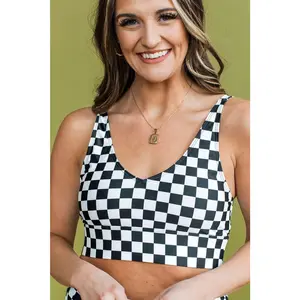 Crashing Waves Bikini Swim Top- Black & White Checkered