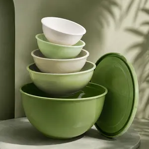 Morandi Colors Minimalist Tableware | Large Size 5-Piece Nesting Plastic Mixing Bowls, Unbreakable Kitchenware Food Prep Container for Serving, Baking