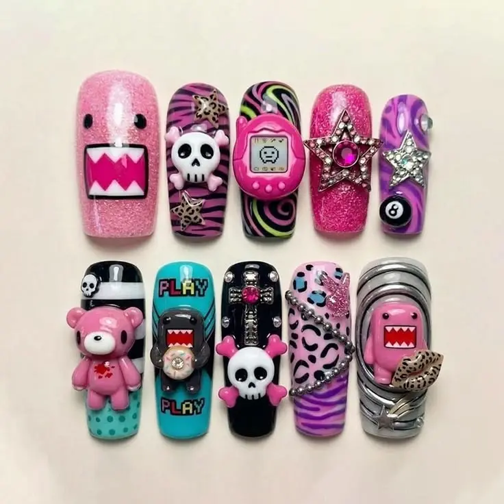 Y2K Kawaii Press On Nails M67 | Pink Cartoon Monster & Digital Pet Design | 3D Skull Charms, Glitter Scene Nail Set
