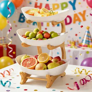 Multicolor Fruit Basket Set, 3-Tier Dessert Stand with Bamboo Rack, Plastic Fruit Bowl, Small Cake Holder, Cookie Plate, Candy Buffet