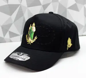 San Judas Tadeo Gorra con Rosario Negra Cotton Hat with Rosary Design and Gold Embroidery