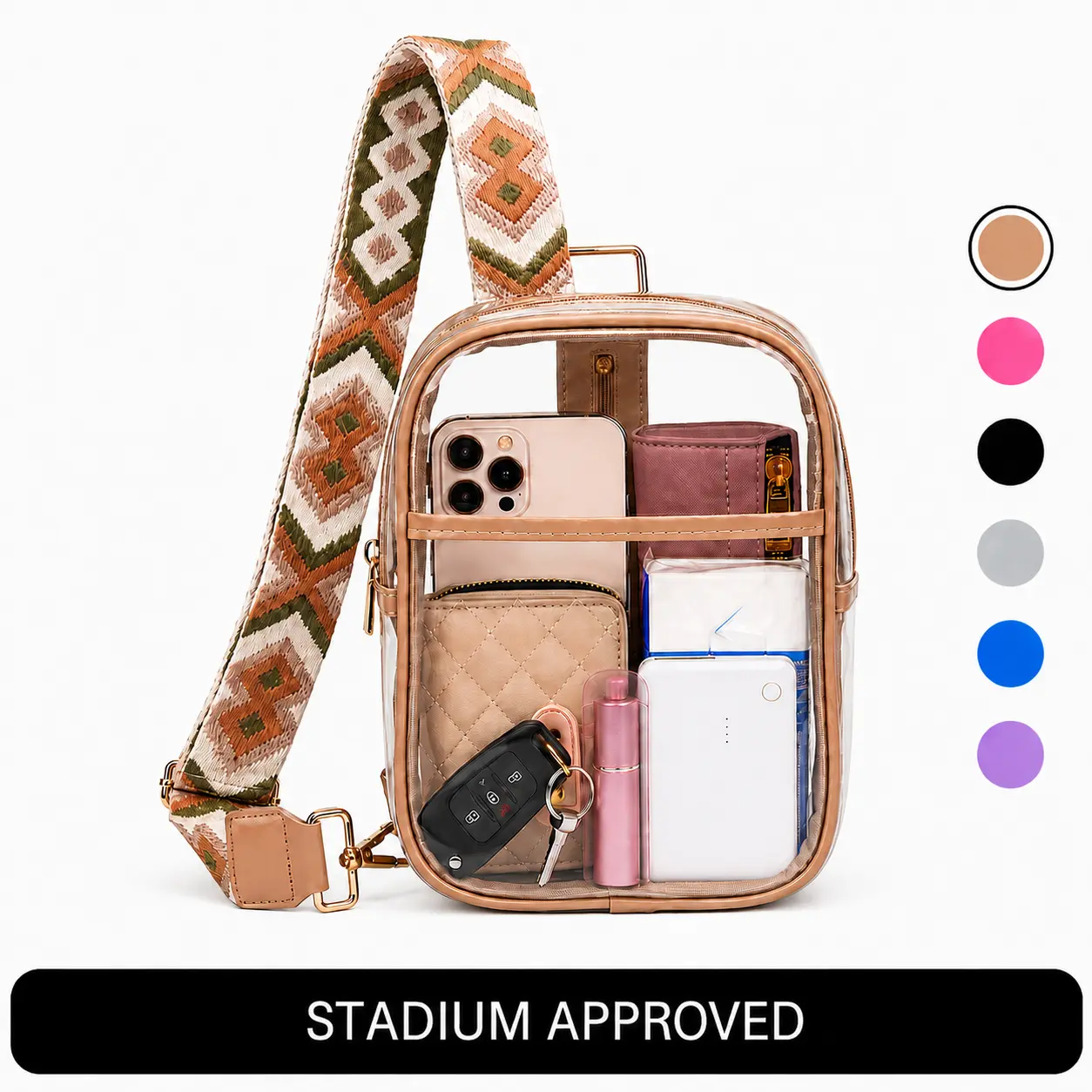 Clear Crossbody Bag for Women, Stadium Approved Transparent Purse with Wide Adjustable Guitar Strap, Lightweight Zipper Shoulder Bag for Concerts, Sports Events, Festivals & Game Day