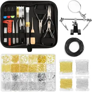 Making Supplies for Adults, Permanent  Starter Kit with Tools,4 Necklaces,Jewelrys Pliers,Jewelrys Wires,Findings,Magnifier & Storage Bag, for Men's and Women's Jewelrys Projects