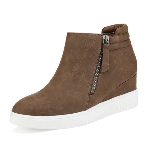 Dream Pairs Women's Heeled Booties - Ankle-Length Platform Wedge Shoes, Casual Zip-Up, Perforated Breathable Upper, Elastic Band, 3.75 Inches Hidden Wedge Lift, Stable Sole for Busy Days, Comfortable Brown Women's Shoes