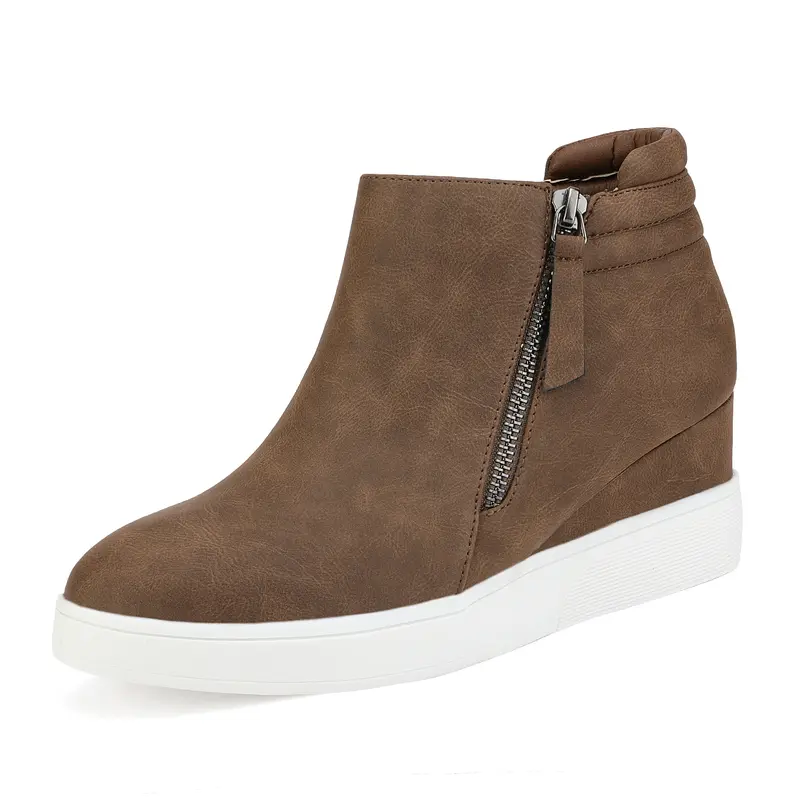 Dream Pairs Women's Heeled Booties - Ankle-Length Platform Wedge Shoes, Casual Zip-Up, Perforated Breathable Upper, Elastic Band, 3.75 Inches Hidden Wedge Lift, Stable Sole for Busy Days, Comfortable Brown Women's Shoes