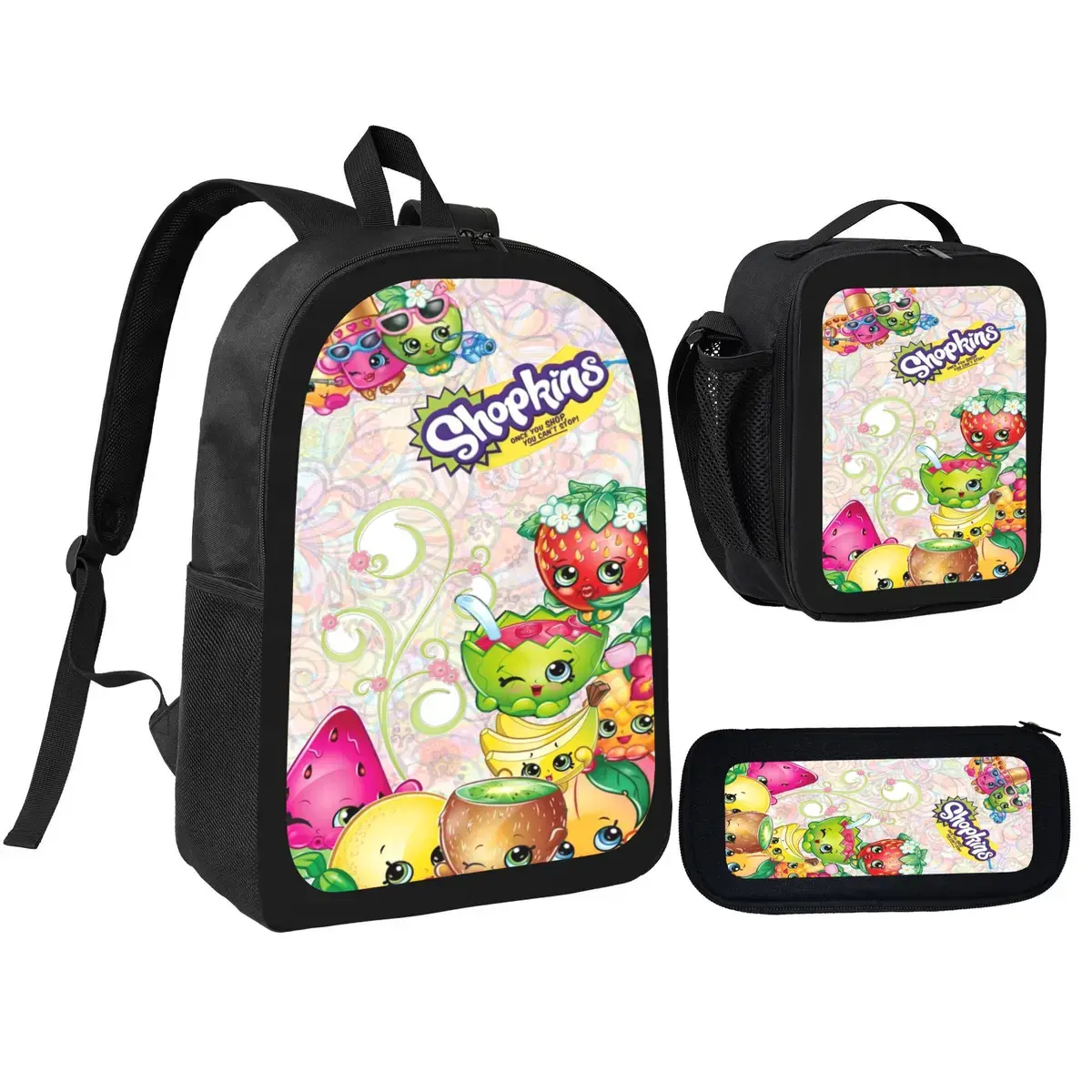 3Pcs Shopkins2 backpack with lunch bag and pencil box, Cool Anime Style backpack set for kids teens, school bag for girls boys, Casual, Daily Commuting, and Sports Essentials, Perfect Gift