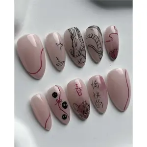 Anime Dragon Press On Nails | Japanese Aesthetic Nail Art | Manga Inspired Nude Pink Nails