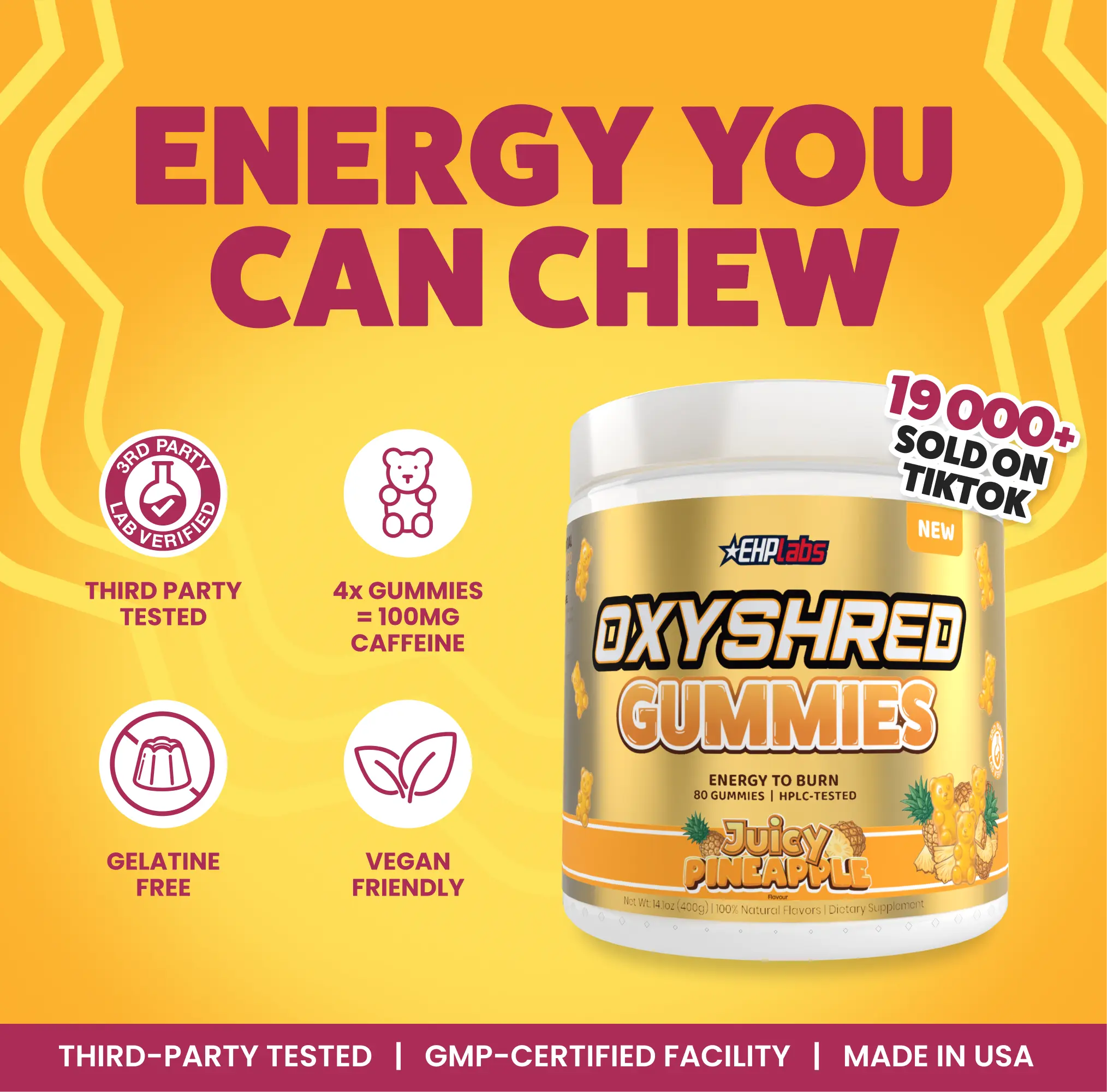 OxyShred Energy Gummies - Energy Boost & Focus Support On the Go - 100mg Natural Caffeine + L-Carnitine - Zero Added Sugar, Vegan & Gelatin-Free - Energy Chews for Adults