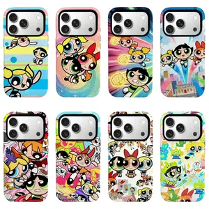 P0werpuff G1rls Retro Collage Phone Case, 90s Nostalgic Cartoon Aesthetic, Dual-Layer Shockproof Cover for iPhone 11, 12, 13, 14, 15, 16, 17 Pro Max Plus Mini, Y2K Girlhood Vibe Retro Animation Maximum Security Defense Shell Tough Shield