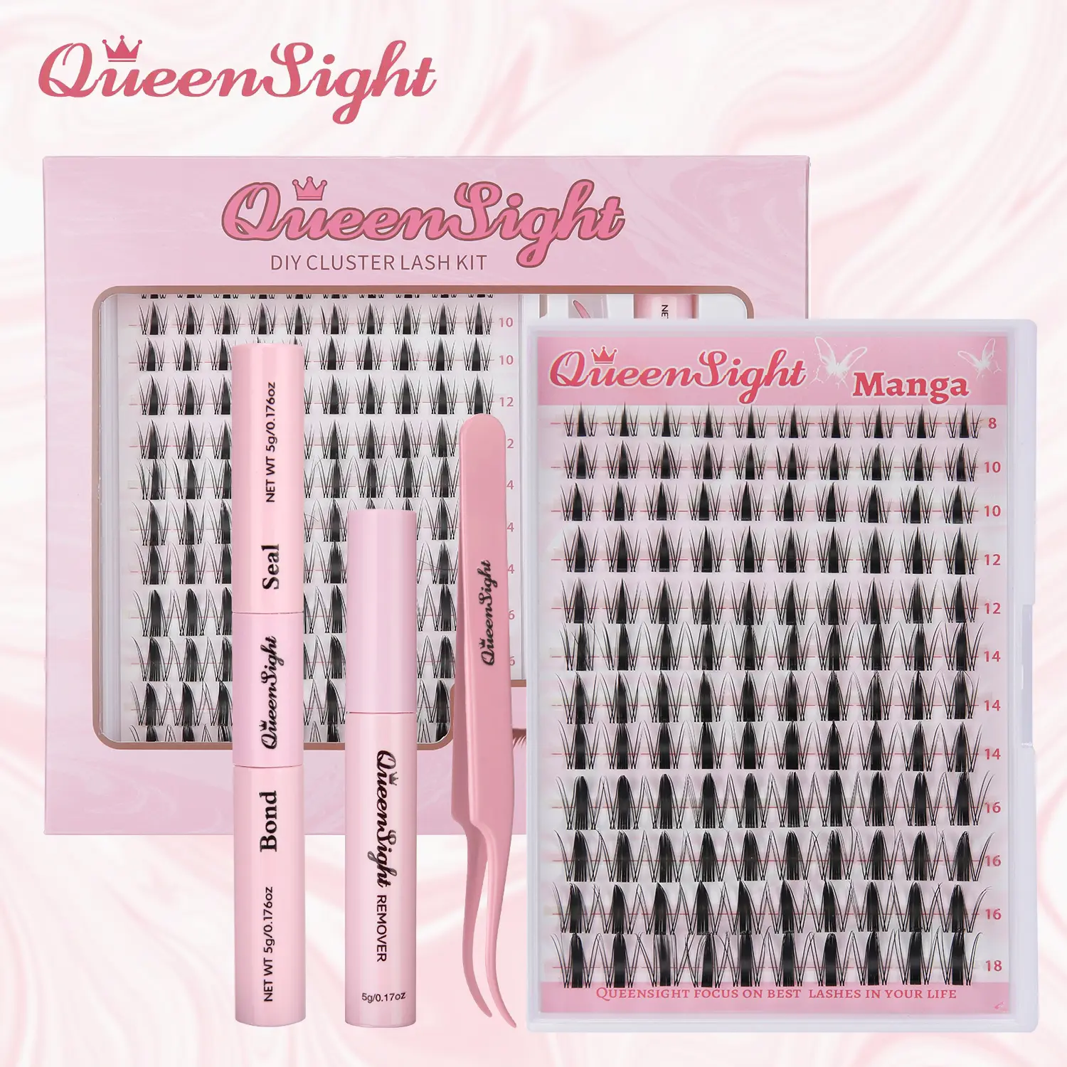 Queensight Manga Lash Cluster Kit,8-18mm Natural DIY Extensions,Lash band and Seal,Tweezers and Remover for DIY Eyelash,Home Easily,Lightweight, Beginner Friendly,Manga Doll Wispy Lashes