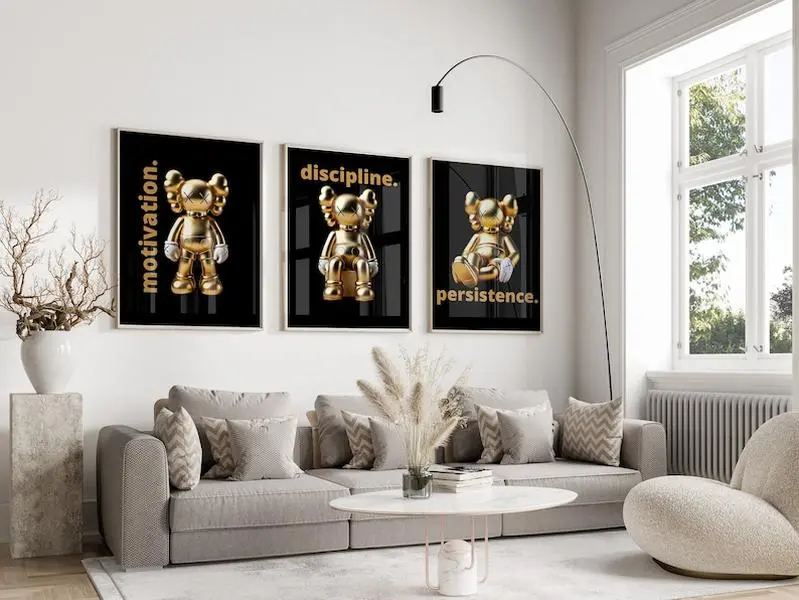 Golden hypebeast kawss poster set of 3, Printables Minimalist Hypebeast Kawss Figure Poster
