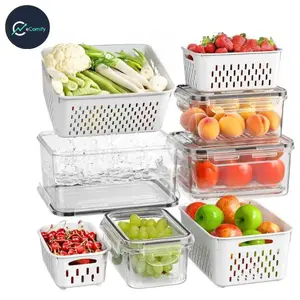 [eComify]Fruit and Vegetable Organizer, 4-pack Double DrainerFruit & Vegetable Storage Box,,Kitchen Accessories Storage Organizer, Household Essentials Durable
