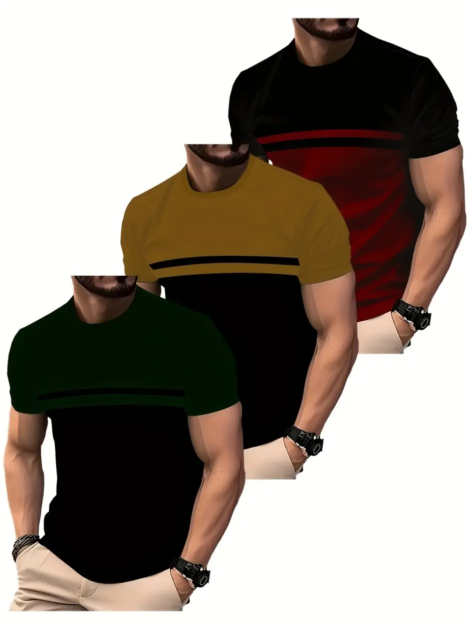 MTTYYD Men's 3-Pack 2-Tone Patchwork Stripe Crewneck Tshirts - Basic Casual Soft Twill Fabric Outdoor Short-Sleeve Slim/Regular Fit Tops for Hiking, Weekend Trips (3 Colors)