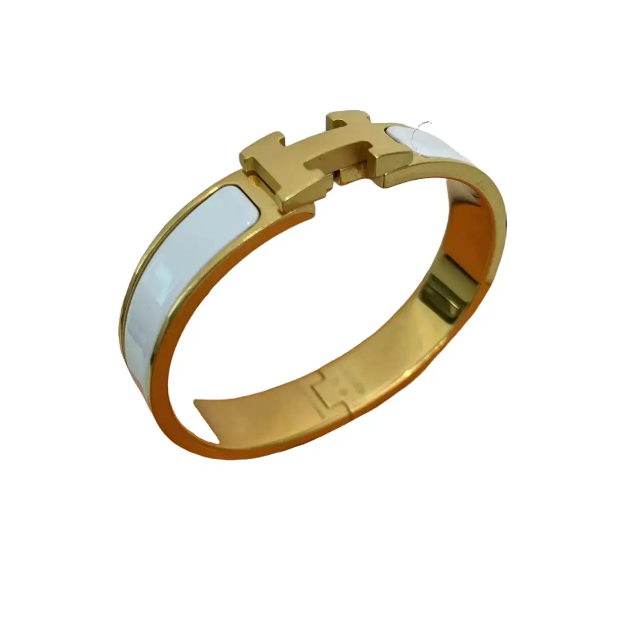 Pre-owned Hermès Mini Clic H White Enamel Bangle Bracelet with Gold Plated Hardware, Comes with Original Orange Box TKB00000276