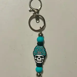 Teal Leopard Print Skull Keychain with "Self Love" Detail and Beads