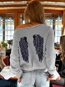 Women's Off-Shoulder Long Sleeve Top with Angel Wings Back Print, Casual Pullover Sweatshirt, Fall & Winter Fashion