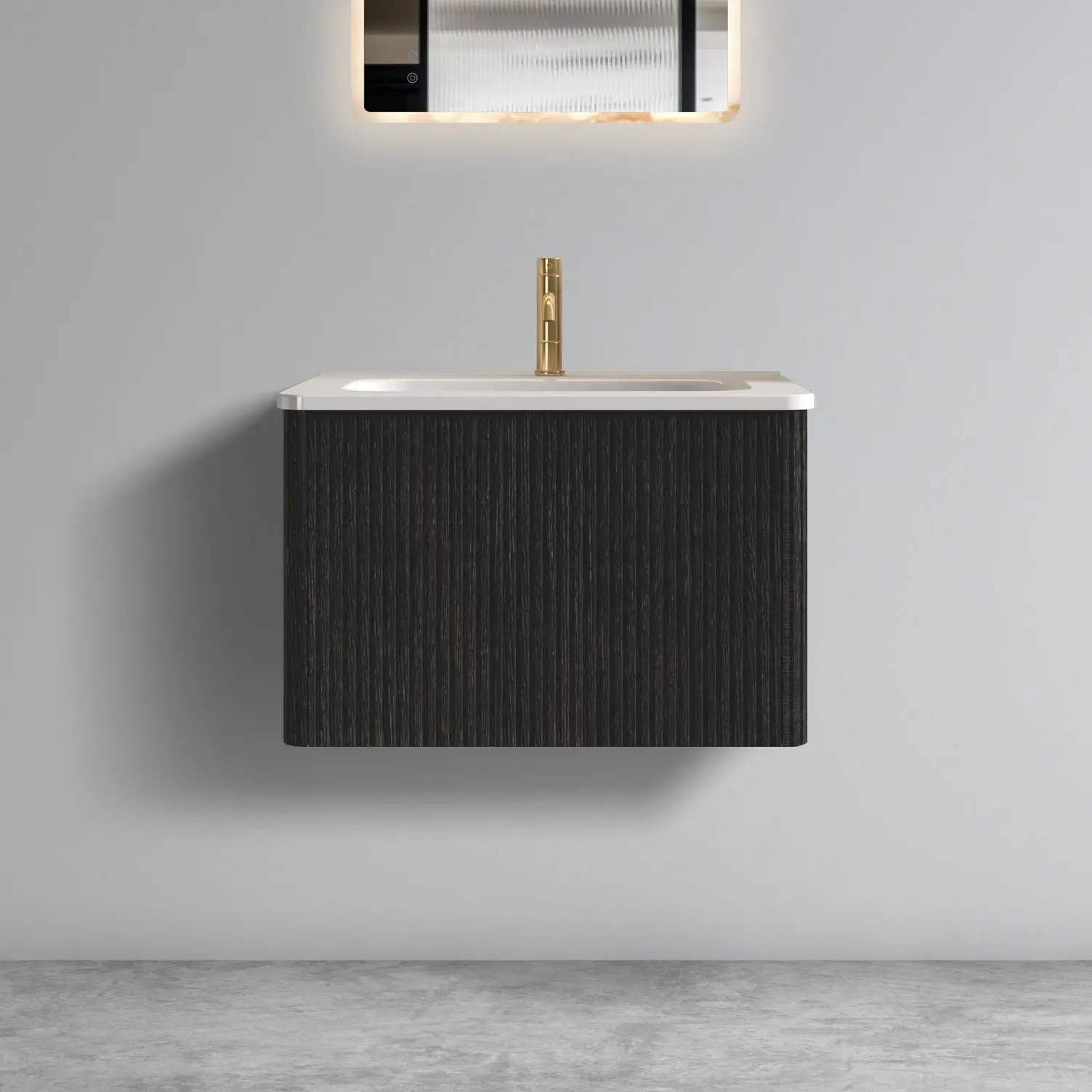 YYDS U056-Etna24W-308 Etna 24" Striped Brushed Black Oak Floating Bathroom Vanity with White Ceramic Sink, Bathroom Vanity for Modern Bathroom, One-Piece White Sink Basin without Drain, Pre-assembled