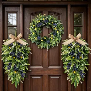Set of 3 artificial eucalyptus wreaths featuring olives—front door spring/summer greenery teardrop swag with mixed berries, boxwood, and eucalyptus leaves—suitable for indoor and outdoor farmhouse home decor and wedding festivities.