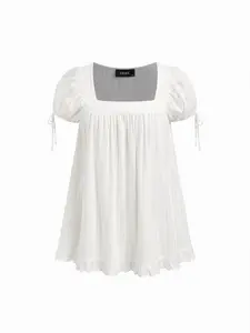 Cider Cotton-blend Square Neck Ruffle Knotted Oversized Blouse Curve & Plus