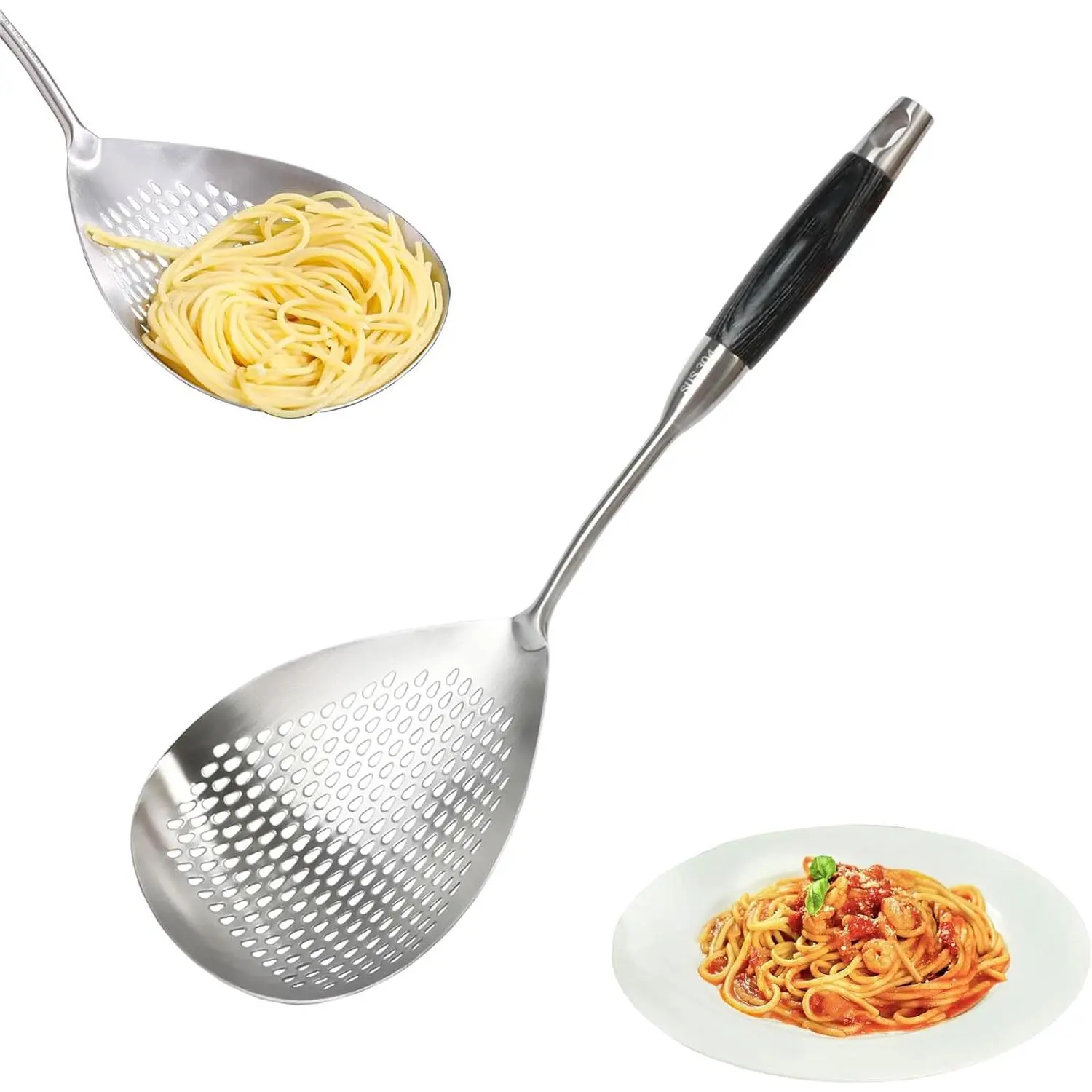 Skimmer Slotted Spoon, 16.8 Inch 304 Stainless Steel Skimmer Ladle Spoon Spider Strainer for Cooking and Frying, Pasta Strainer Frying Spoon for Kitchen, Black