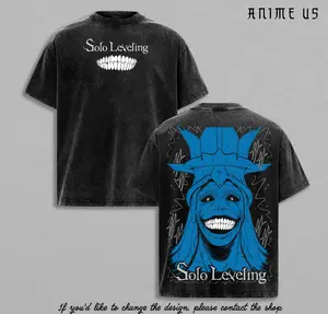 God Statue x Solo Leveling Vintage Washed T Shirt Oversized Tee Smiling Statue of God Anime Graphic Back Dungeon Boss Streetwear Heavy Cotton Tee