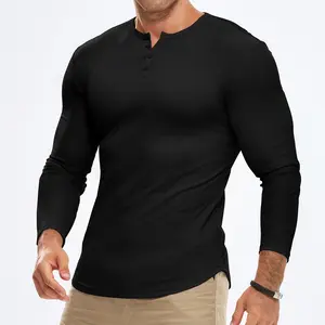 JMIERR Mens 2026 Fall Fashion Casual Henley Shirt Long Sleeve T-Shirt Slim Fitted Shirts Curved Hem for Athletic Gym Workout