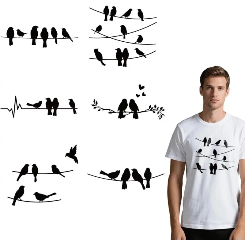 6 Sheets Birds On Wire Theme Iron on Decals Patches, 6 Styles Birds Black Silhouettes Iron on Stickers PET Washable Heat Transfer Stickers for T-Shirts Patches Bags Hats DIY Crafts