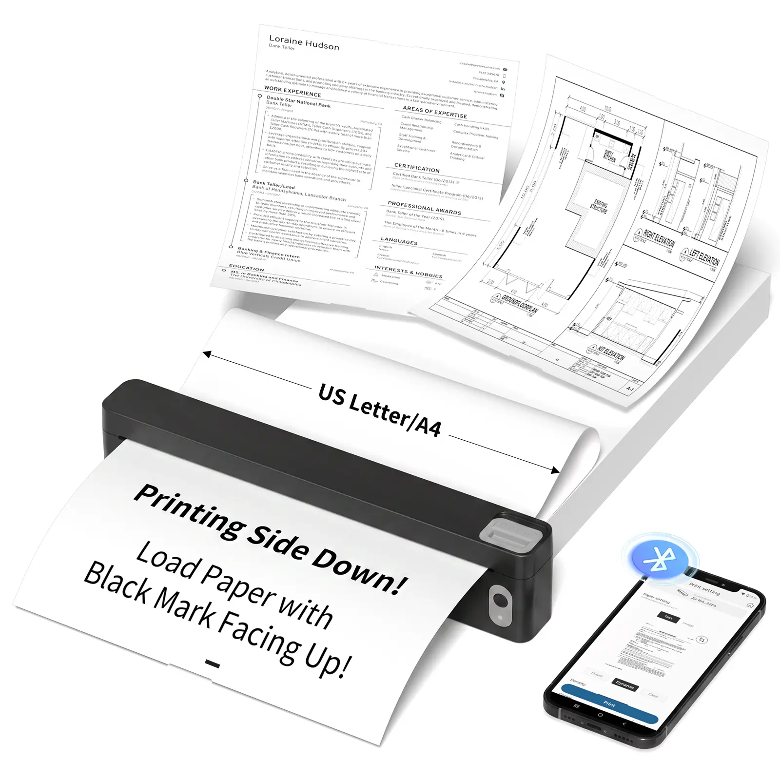 JADENS JD166 Portable Thermal Printer with Bluetooth,Inkless Rechargeable Printer for Home, Office and Travel, Compatible with US Letter A4, 203 DPI