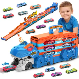 VATOS Toddler Truck Toy - Ejection Folding Dinosaur Track, Portable Truck Car with 8 Race Cars, Best Gift Toy Cars Set for Toddlers 3 4 5 6 7 Years Old