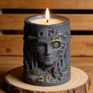Cyberpunk Theme Candle Silicone Mold, Robot Skull & 3D City Landscape Embossed Wax Melt Making Mold, DIY Craft Supplies